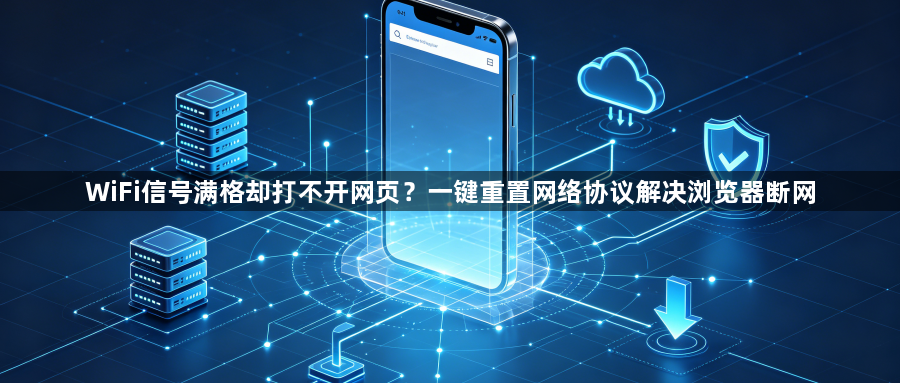 WiFi信号满格却打不开网页?一键重置网络协议解决浏览器断网1